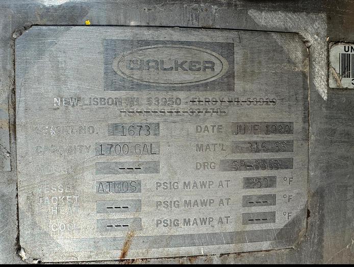 Used Tank, 1,700 Gallon, 316 Stainless Steel, Agitated, Walker, #5990990