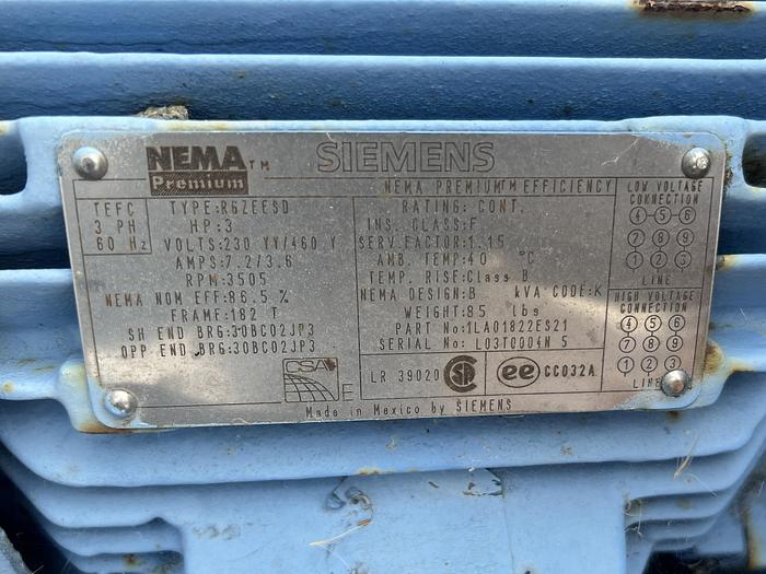 Used Blower, 3 HP, Centrifugal, Siemens, S/st #C742099