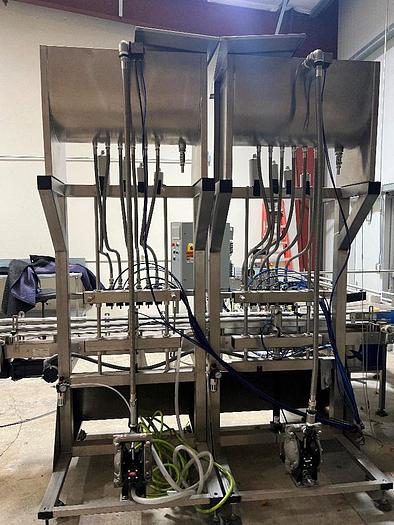 Used Filling Line, 12-Head, Overflow Filler, Inline Capper, Wrap Labeler #C745379