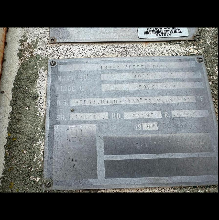 Used Tank, 1,200 Gallon, S/st, LN2 Storage, 65 PSI, Cryogenic, #S738626
