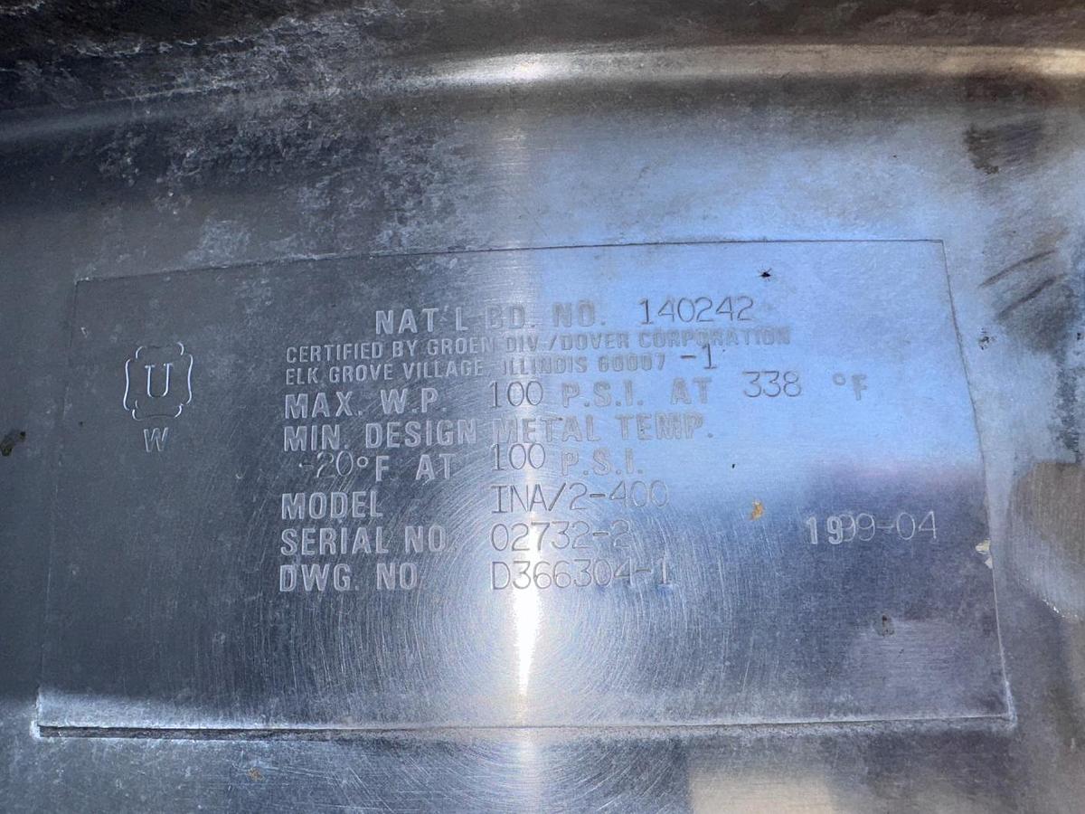 Used Kettle, 400 Gallon, Groen, Jacketed, Scrape Agitated, Stainless Steel, #5991713