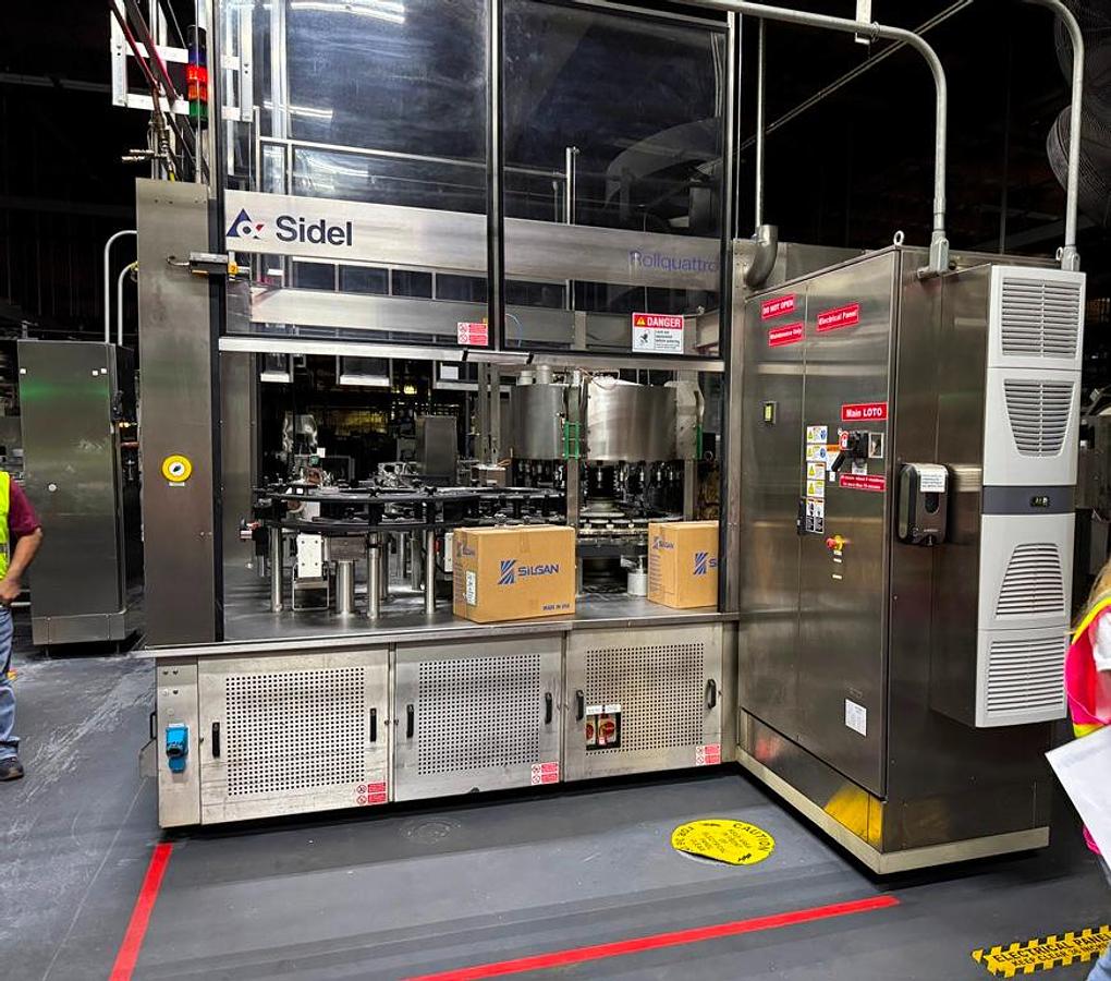 Used Bottling Line, 600–800 BPM, US Bottlers Filler, Sidel Labeler, Kisters TSP100V Shrink Wrapper, #5991609