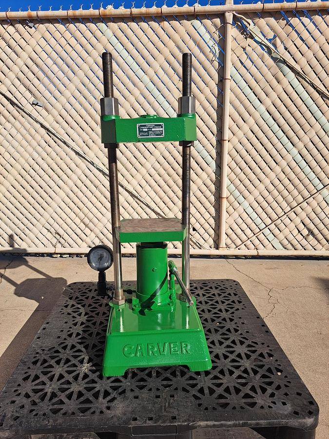 Used Press, Hydraulic, Carver Model M Laboratory Press, 25 Ton Manual , 9" x 9" Platen, Adjustable 0.75"–16" Opening, #5991648