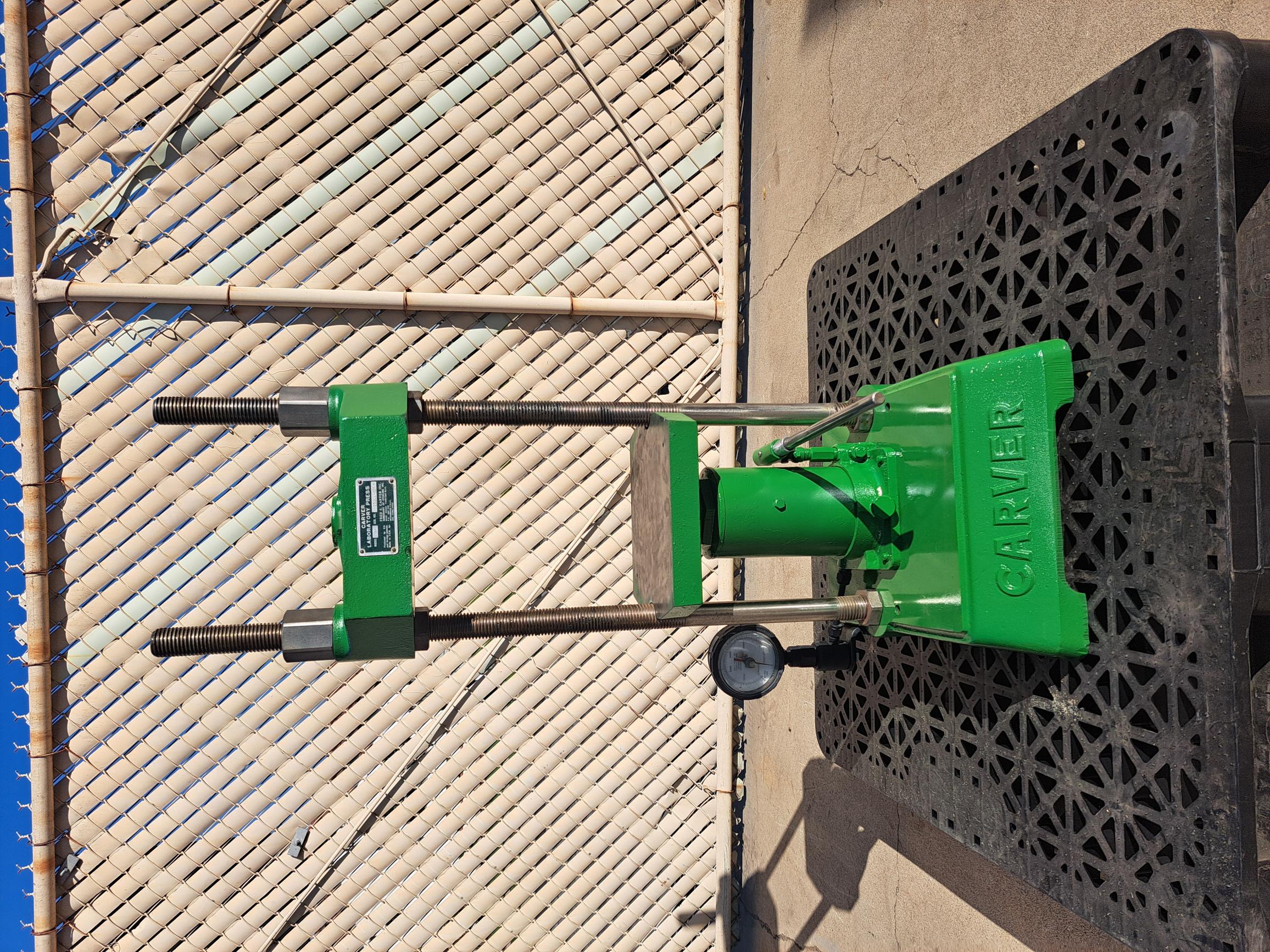 Used Press, Hydraulic, Carver Model M Laboratory Press, 25 Ton Manual , 9" x 9" Platen, Adjustable 0.75"–16" Opening, #5991648