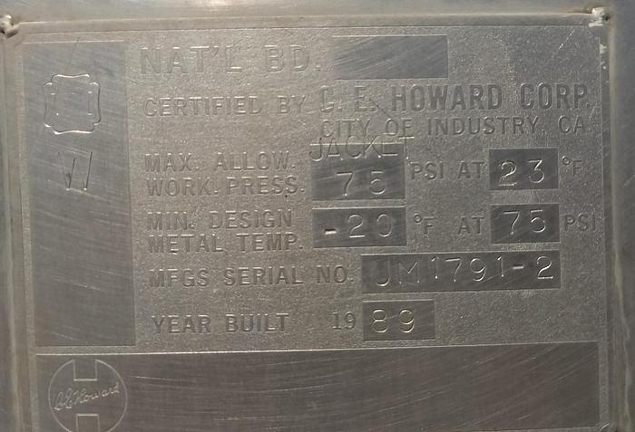Used Tank, 850 Gallon, Stainless Steel, Jacketed, Agitated, CE Howard - #S745268