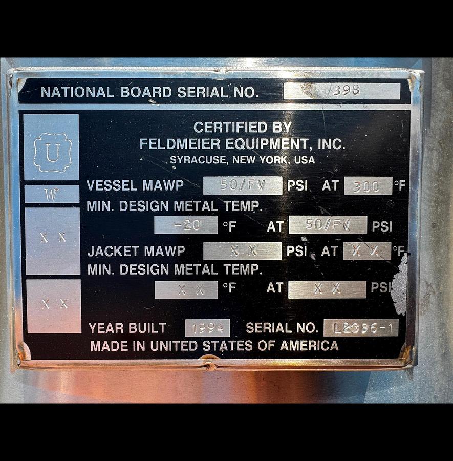 Used Tank, 15 Gallon, Stainless Steel, 50 PSI, Feldmeier, FV, #5991511