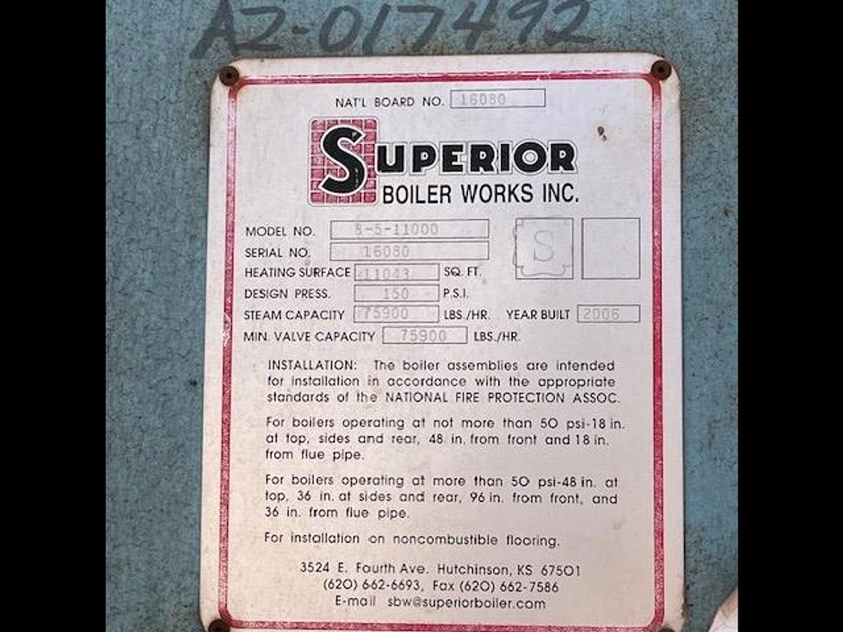 Used Boiler, 2,200 HP, 75,900 Lbs/Hr, 150 PSI, Gas Fired, Superior 8-5-11000, #5991569