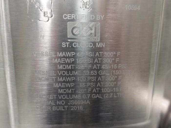 Used Reactor, 40 Gallon (150 Liters), 316L S/St, Jacketed, 45 PSI Internal, Agitated #S745436