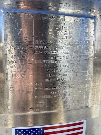 Used Reactor, 80 Gallon (300 Liters), 316L Stainless Steel, Jacketed, 45 PSI Internal #S745424