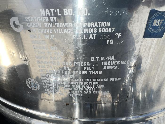 Used Kettle, 40 Gallon, Groen, Mdl DHT-40, Tilt, Gas-Fired, Self Contained #S745090