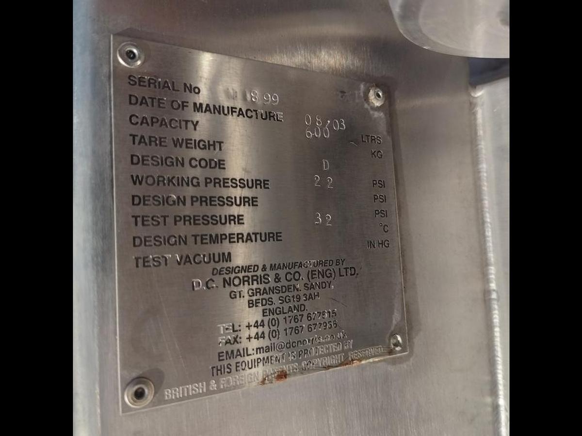 Used Kettle, 210 Gallon, DC Norris, Glycol Jacketed DA Cooling Vessel, Scrape Surface, #5991715