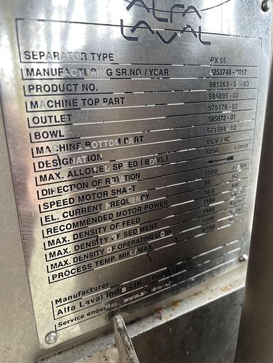 Used Centrifuge, Alfa-Laval, PX 55, Separator, 6250 R/Min #5990989