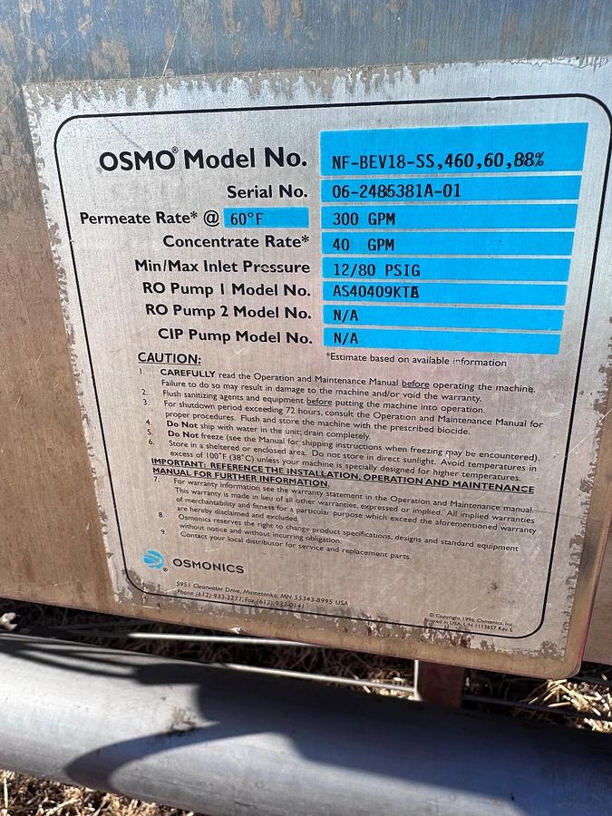 Used Filter, Nano Filtration, Osmonics, BEV Series, Stainless Steel, 300 GPM Permeate, #5991746