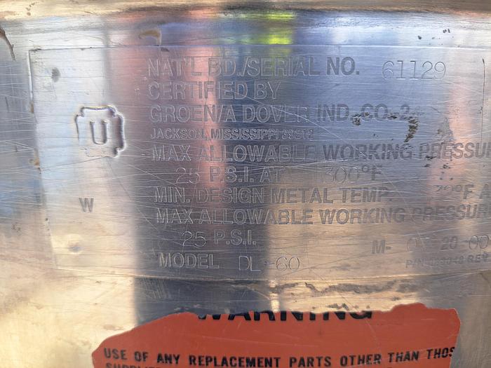 Used Kettle, 60 Gallon, S/st, Jkt, Groen, Mdl DL-60, Tilt