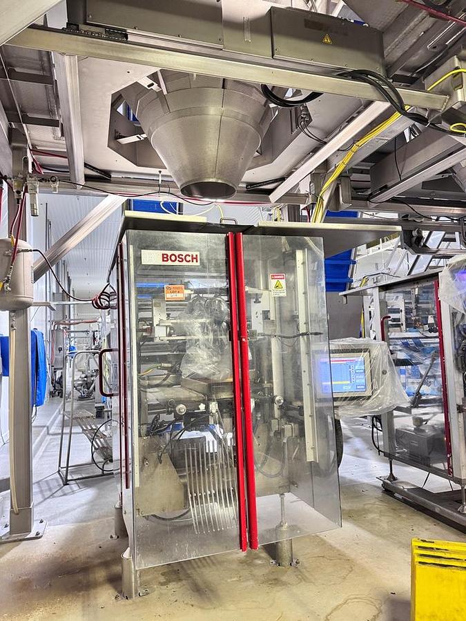 Used **AUCTION ITEM** Filling Line, Bag, Ishida CW-RV-214W, Scale, Bosch SV 3800 AB Bagger, Elevator, #5991866