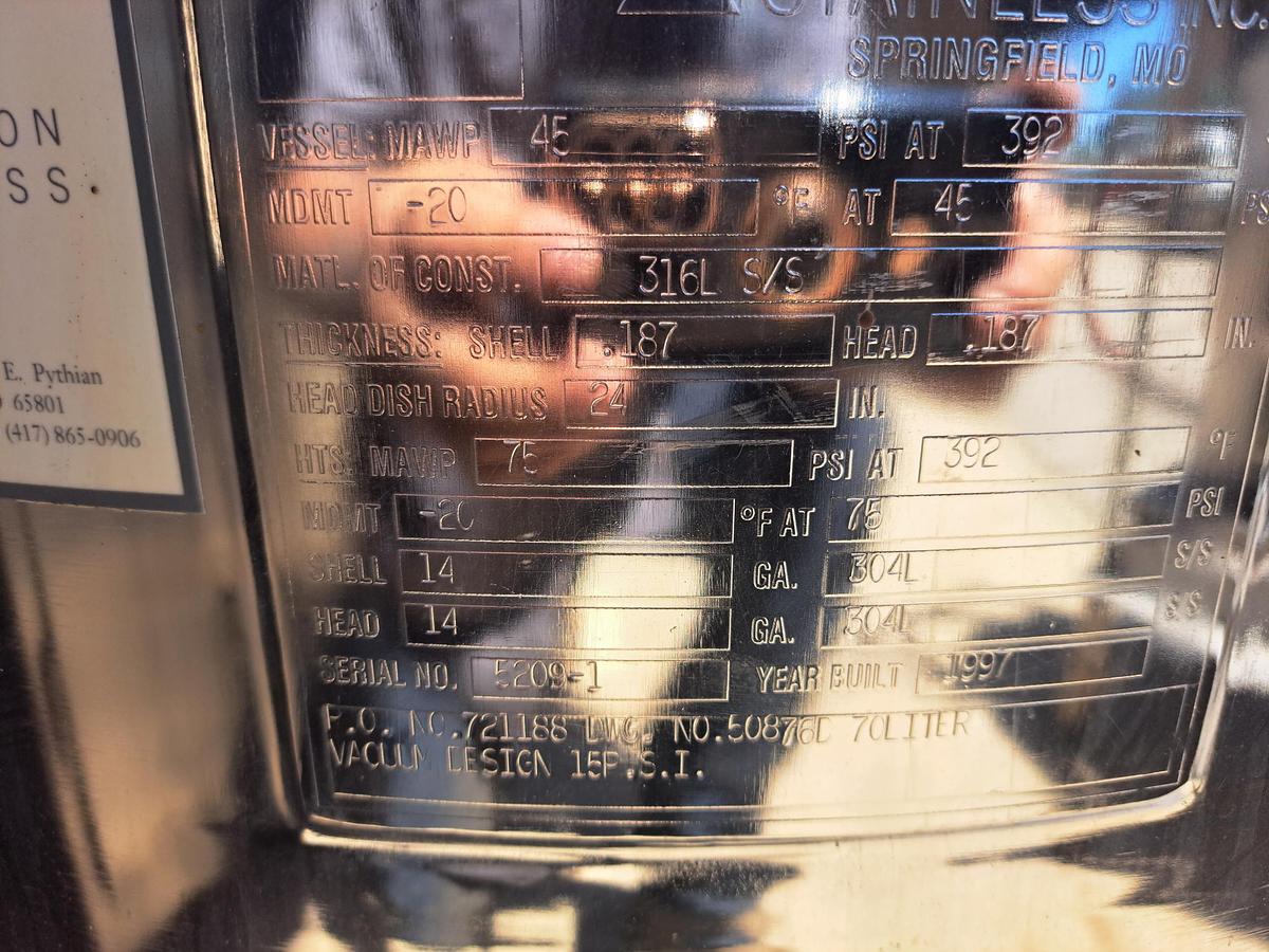Used Tank, 32 Gallon, 316L Stainless Steel, 22" x 16", Precision, DT/DB #C739348