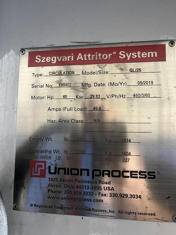 Used Mill, Grinding, Szegvari Attritor Grinding Mil, Union Process QL-25, Recirculation Tank, #