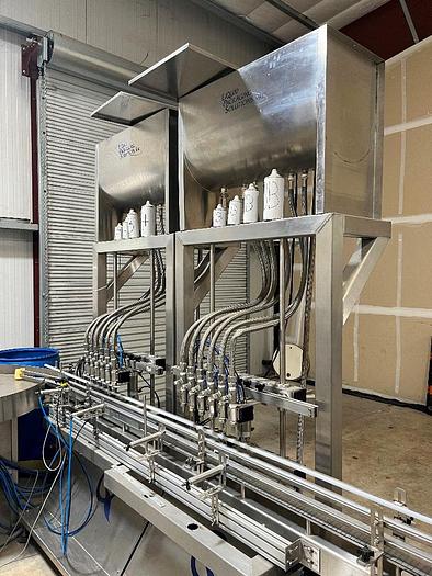 Used Filling Line, 12-Head, Overflow Filler, Inline Capper, Wrap Labeler #C745379