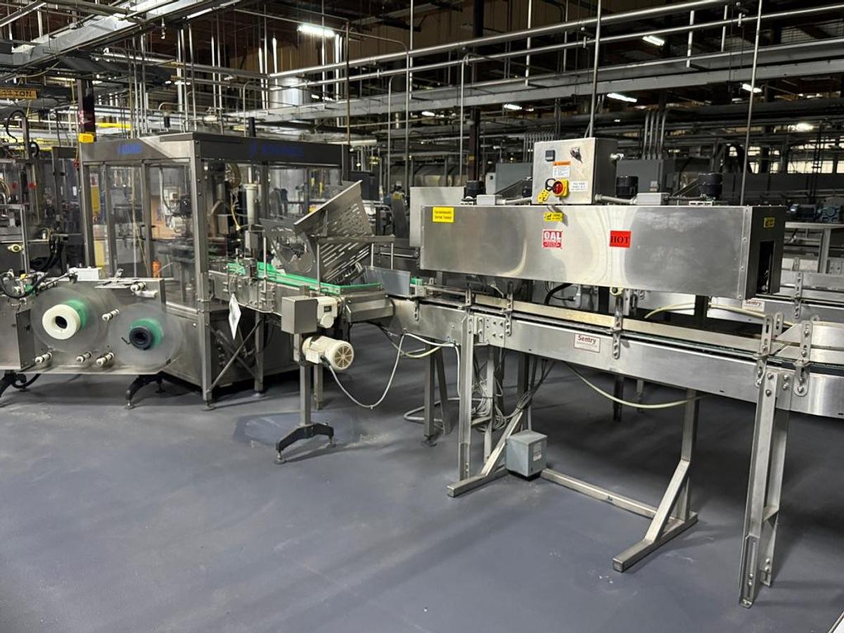 Used Bottling Line, 400 BPM, US Bottlers Filler, Krones Labelers, Fuji Intersleeve, Kisters Packer, #5991610