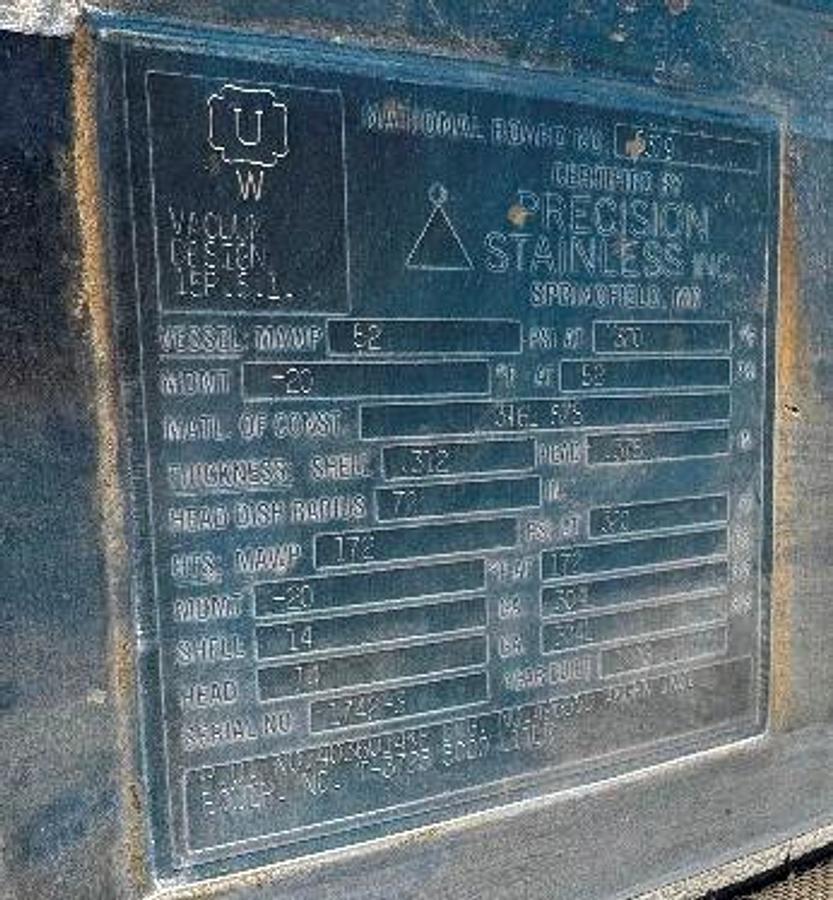 Used Tank, 1,320 Gallon (5,000 Liter), Jacketed, Agitated, 316L Stainless Steel, 100 PSI, #5991478