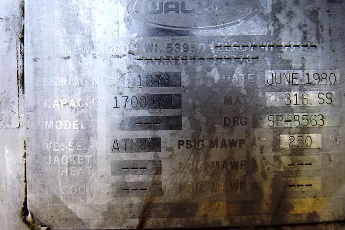 Used Tank, 1,700 Gallon, 316 Stainless Steel, Agitated, Walker, #5990990
