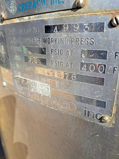 Used Tank, 500 Gallon, Stainless Steel, Jacket, Agitated, Crepaco #5991236