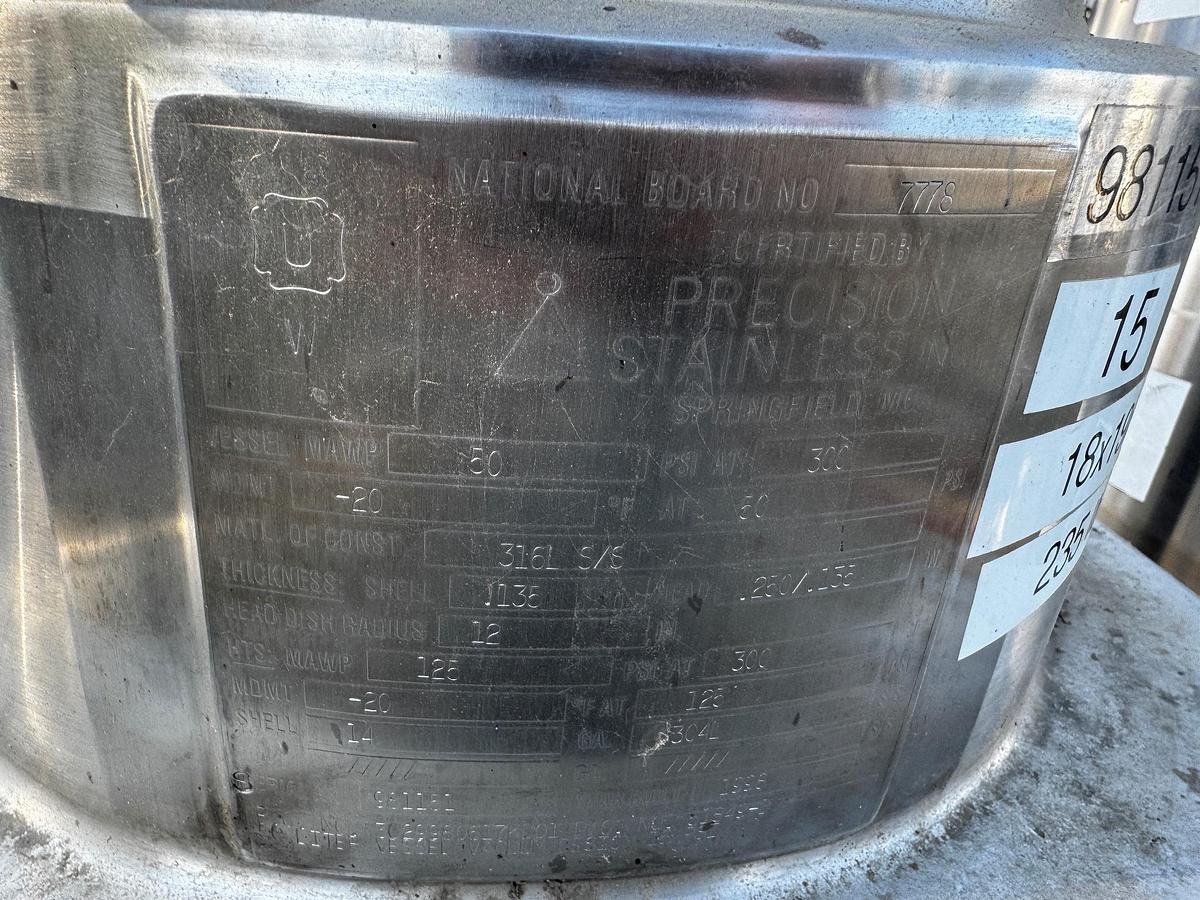 Used Tank, 50 Liter, Precision Stainless, Jacketed, Agitated, 316 Stainless, 50 PSI, #5991455