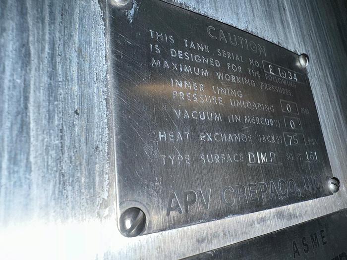 Used Tank, 2,000 Gallon, Stainless Steel, Jacketed, Agitated, APV Crepaco , #5532787