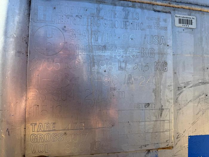 Used Tank, 350 Gallon, 316 Stainless Steel, LiquiTote, #5991127