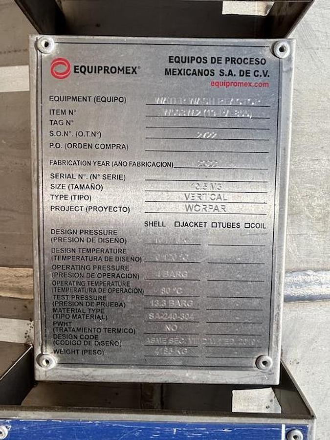 Used Tank, 2,775 Gallon, 304 Stainless Steel, Vertical, Equipromex, Waste Water Reactor, Agitated, 145 PSI, 2022, Unused, #5991579