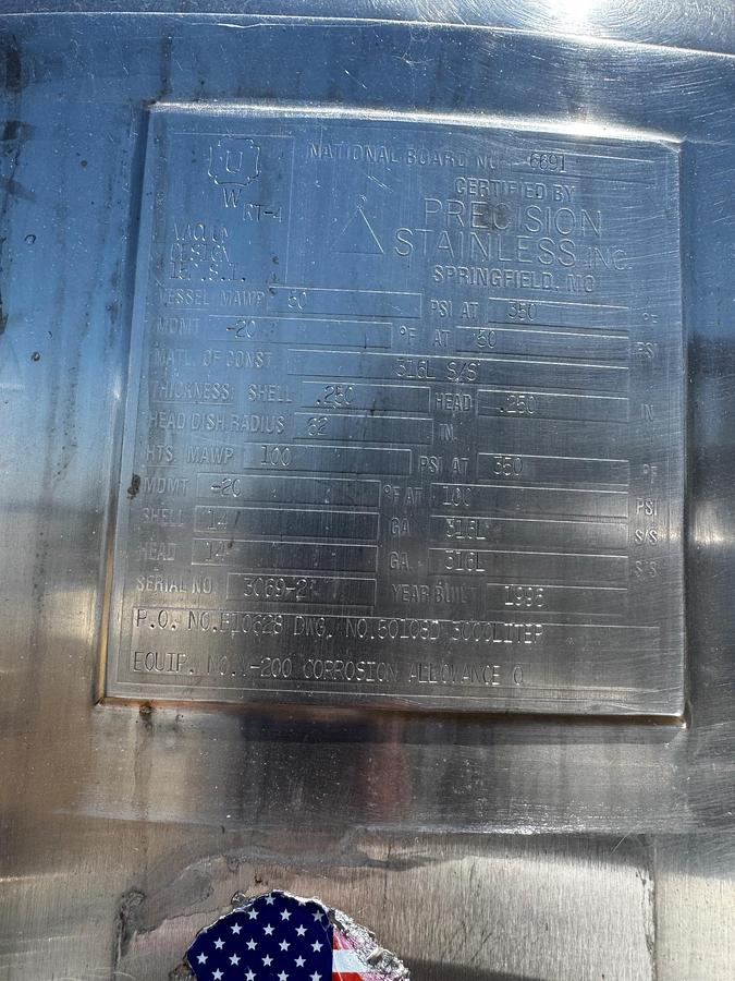 Used Tank, 660 Gallon, Stainless Steel, Jacketed, Agitated, Dish & Cone Bottom, with Mixer, #5991337