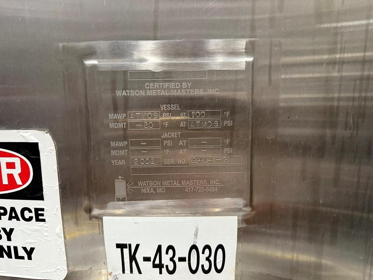 Used Tank, 10,000 Gallon, Watson Metal Masters, Agitated, Stainless Steel, Insulated, Qty 3, #5991624