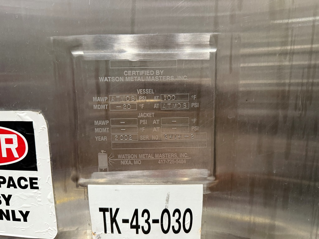 Used Tank, 10,000 Gallon, Watson Metal Masters, Agitated, Stainless Steel, Insulated, Qty 3, #5991624