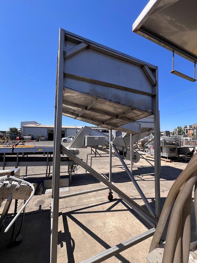 Used Hopper, 54” x 54” x 36”, Stainless Steel, Angled Discharge, Elevated, #5991530