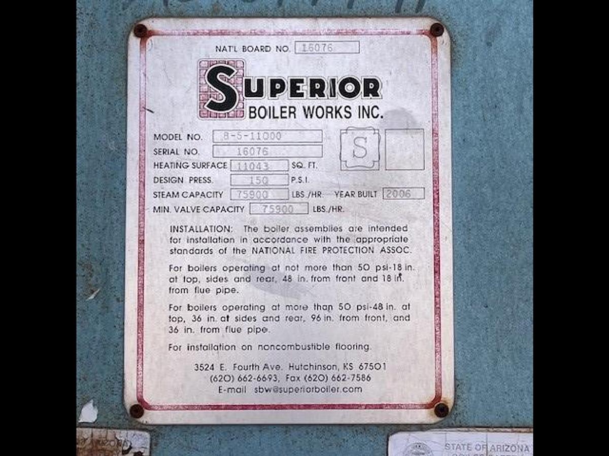 Used Boiler, 2,200 HP, 75,900 Lbs/Hr, 150 PSI, Gas Fired, Superior 8-5-11000, #5991569