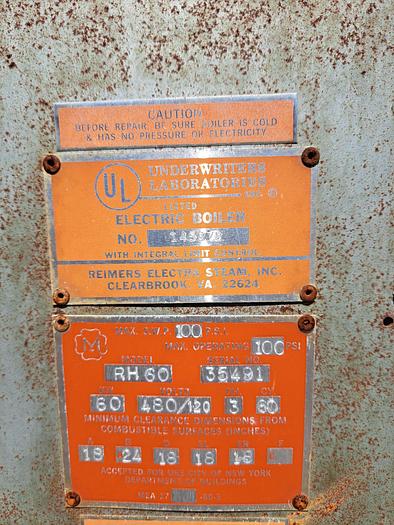 Used Boiler, 6.6 HP, Riemers, Electric, 100 PSI, 60 kW #S736803
