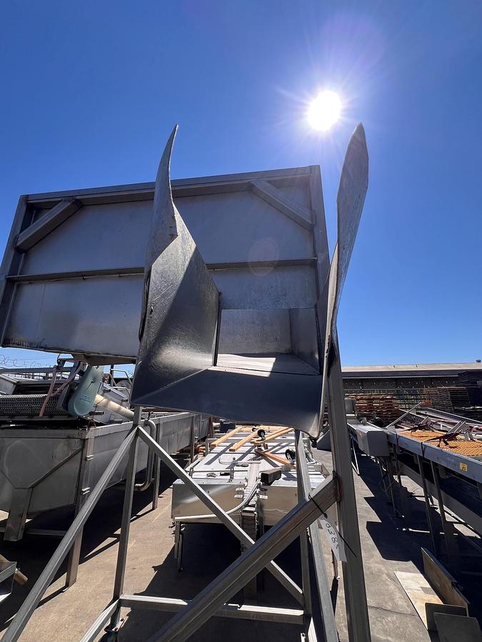 Used Hopper, 54” x 54” x 36”, Stainless Steel, Angled Discharge, Elevated, #5991530