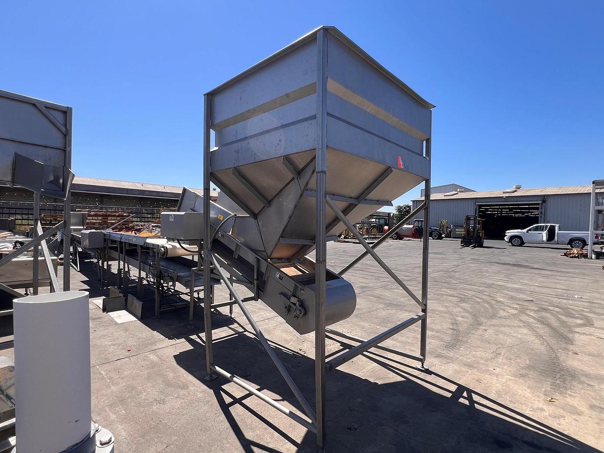 Used Hopper, Stainless Steel, Incline Metering Belt, 56”W x 72”L x 80”H, Sound Ocean Metal Fabricators, #5991524