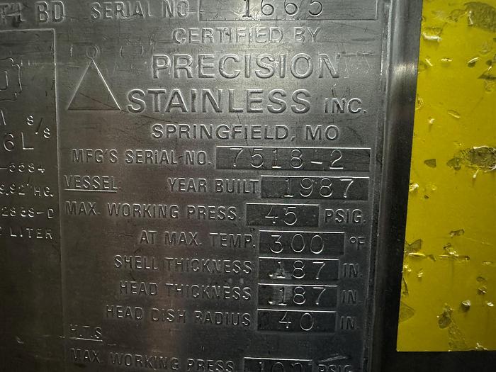 Used Reactor, 130 Gallon (500 Liters), 316L Stainless Steel, Jacketed, 45 PSI Internal, Agitated #S745435