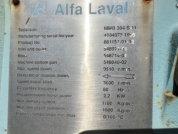 Used Centrifuge, Disc, Auto, Alfa Laval, MMB-304, S/st, #S736763
