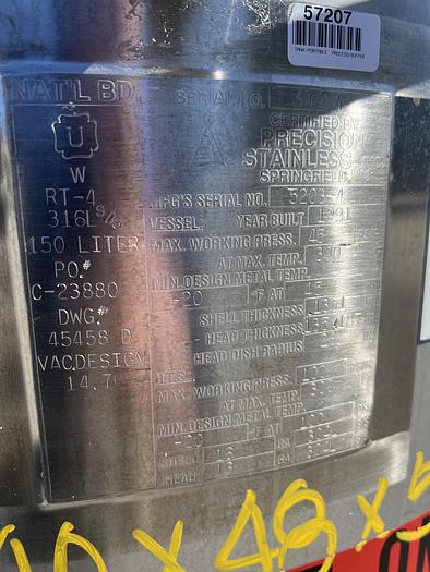 Used Reactor, 40 Gallon (150 Liters), 316L Stainless Steel, Jacketed, 45 PSI Internal #S745420