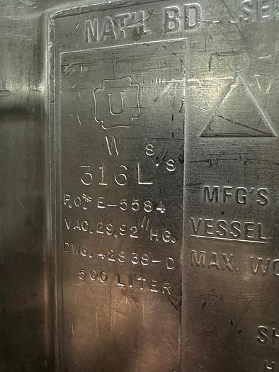 Used Reactor, 130 Gallon (500 Liters), 316L Stainless Steel, Jacketed, 45 PSI Internal, Agitated #S745435