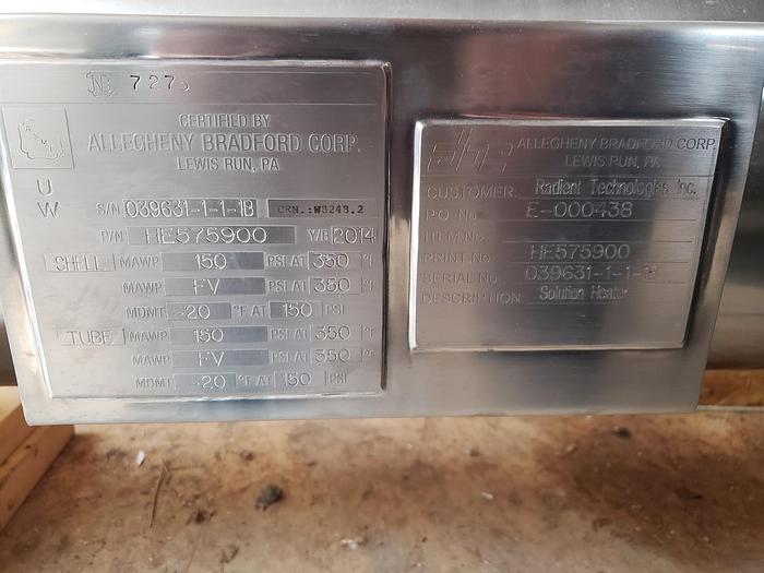 Used Heat Exchanger, Shell & Tube, 233 SF (x2), 466.5 SF Total, Allegheny Bradford, Stainless, #5991338