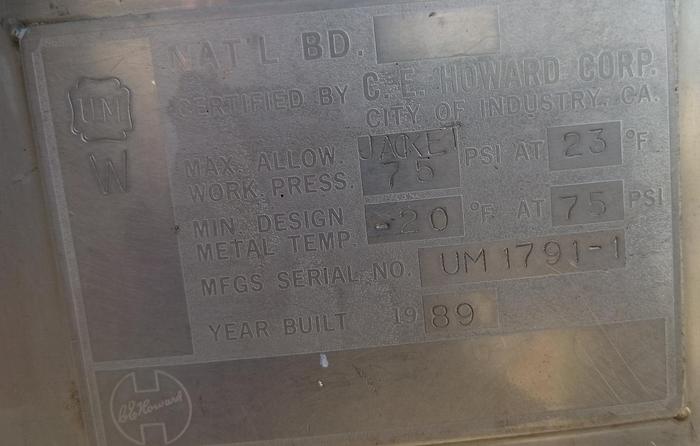 Used Tank, 850 Gallon, Stainless Steel, Jacketed, Agitated, CE Howard - #S745267