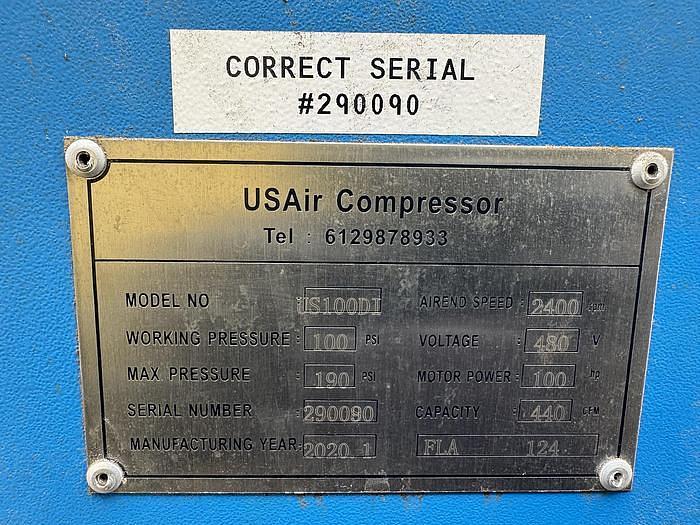 Used Compressor, Air, 100 HP, 440 CFM, 100 PSI, US Air Compressor, Screw, #5991331