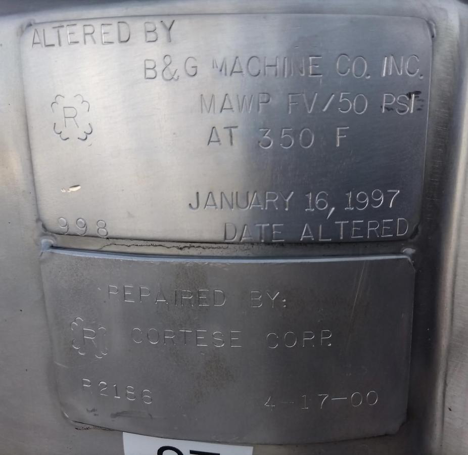 Used Tank, Approx. 13 Gallon (50 Liter), 50 PSI/FV, 70 PSI Jacket, Stainless Steel, #5991461