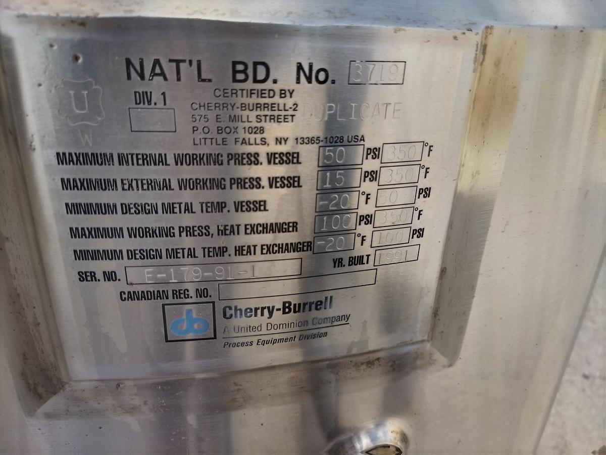 Used Tank, 100 Gallon, 316L Stainless Steel, Jacketed, Agitated, 50 PSI, Cherry Burrell, #5991474