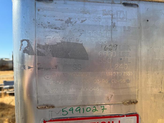 Used Tank, 550 Gallon, 316 Stainless Steel, Tote, #5991027