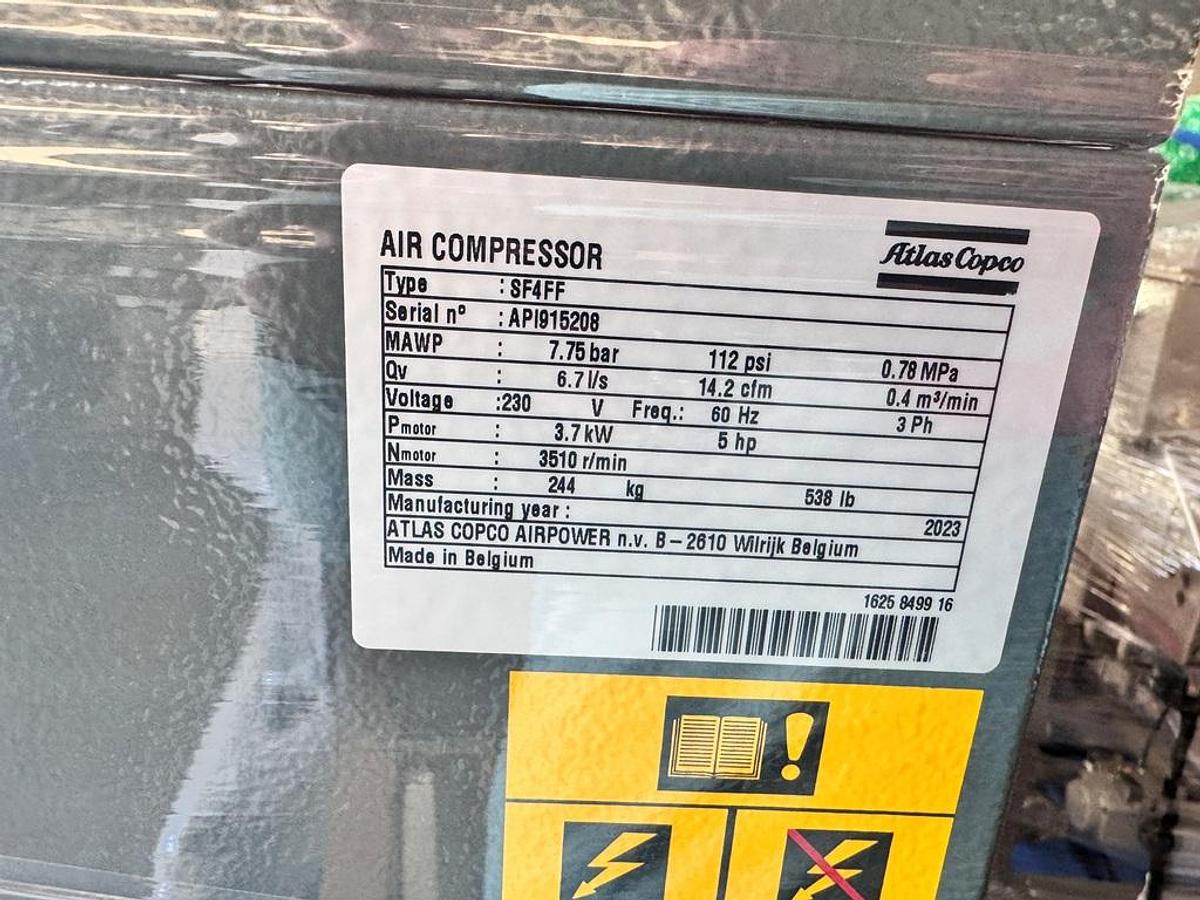 Used Air Compressor, 5 H, Oil-Free, 14.2 CFM, 112 PSI, Atlas Copco SF4 FF, #5991983