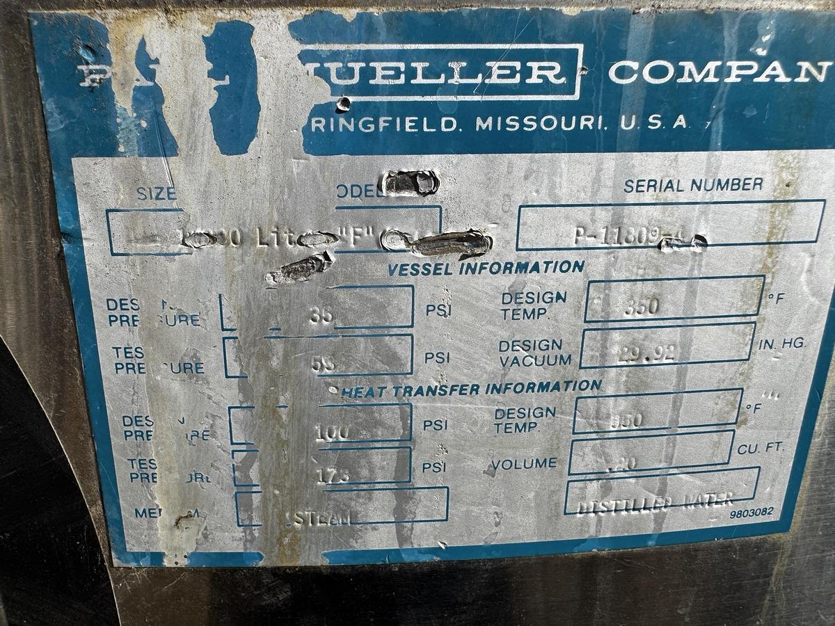 Used Tank, 264 Gallon (1,000 Liter), Mueller, Jacketed, Stainless, 35 PSI / Full Vacuum, #5991457